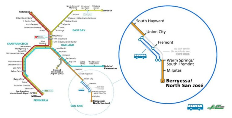 Map of Union City to Fremont bus bridge during BART station closure due to track work