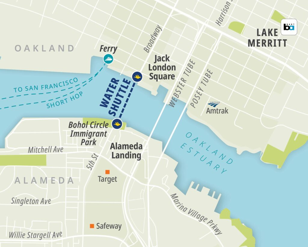 A map of the estuary water shuttle crossing between Jack London Square in Oakland and Bohol Circle Immigrant Park in Alameda