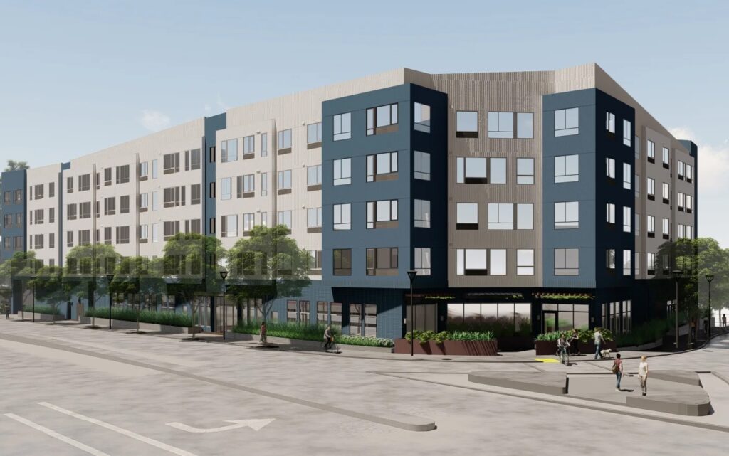 Illustration of the multi-story affordable housing development at 699 Ygnacio Valley Rd in Walnut Creek