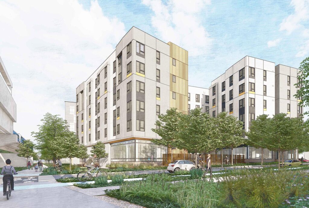 Concept illustration for the El Cerrito Plaza BART midrise affordable housing development