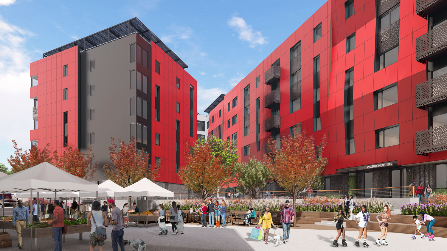 Concept illustration of the Liberation Park affordable housing development in East Oakland, depicting a modern multistory development with a plaza and farmers market between two buildings, where people are walking and roller skating