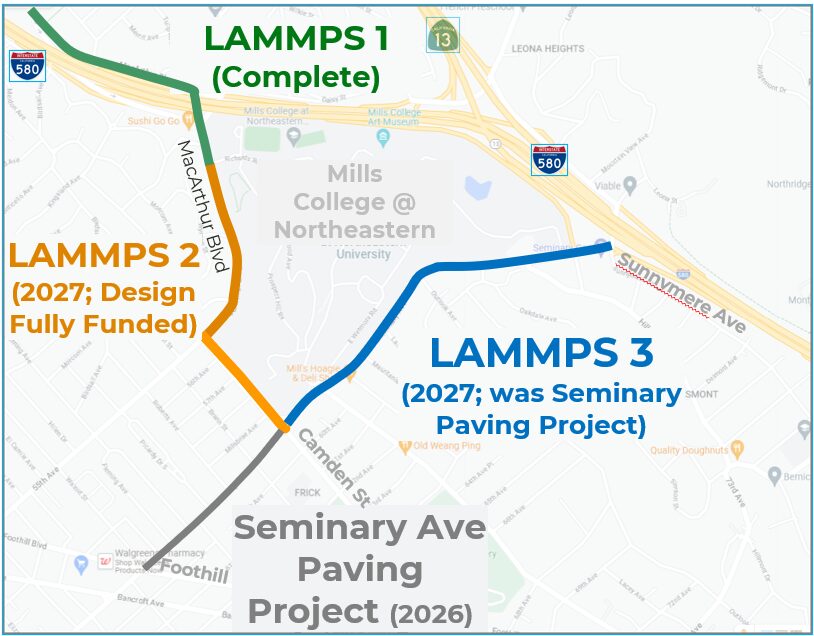 Map of Oakland's LAMMPS (Laurel Access to Mills, Maxwell Park, and Seminary) projects, with phase 2 on MacArthur Blvd and Phase 3 on Seminary highlighted.