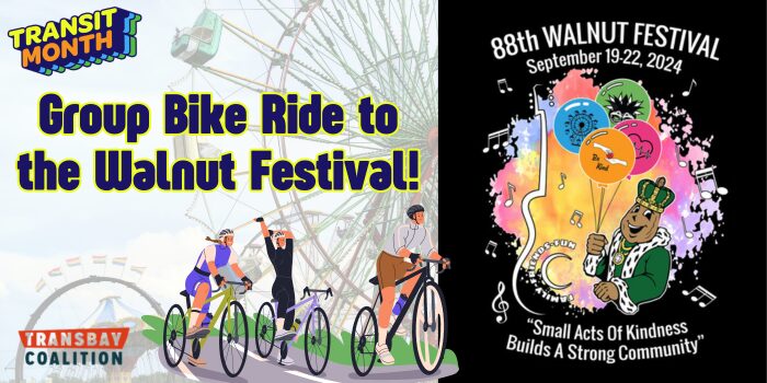 Illustrated bikers with a carnival in the background. The title "Group Bike Ride to the Walnut Festival"