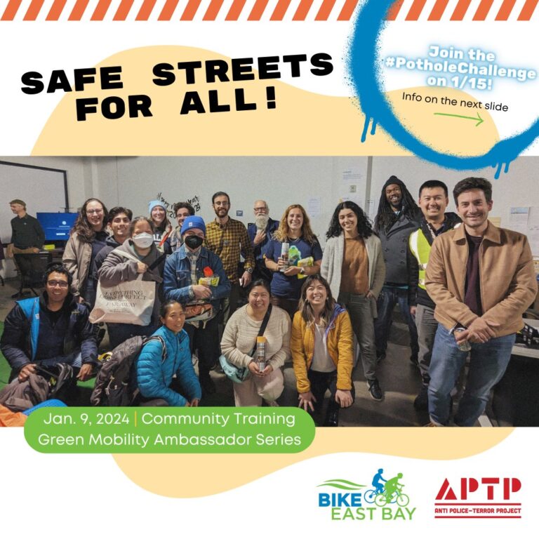 "SAFE STREETS FOR ALL! Join the #PotholeChallenge on 1/15! Info on the next slide Jan. 9, 2024 | Community Training Green Mobility Ambassador Series"