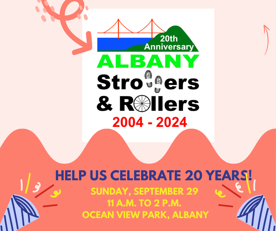 Colorful party flyer invite. Text reads: 20th Anniversary ALBANY Strollers & Rollers 2004 - 2024 HELP US CELEBRATE 20 YEARS! SUNDAY, SEPTEMBER 29 11 A.M. TO 2 P.M. OCEAN VIEW PARK, ALBANY