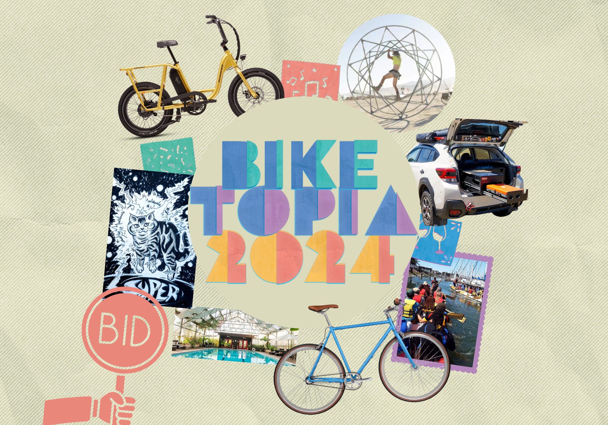 Collage of auction items-- bikes, art, experiences. Text reads Biketopia 2024.