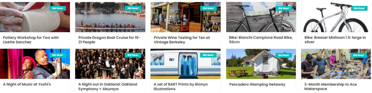 Multiple tiles of auction items, including bicycles, BART art, and vacation getaways.