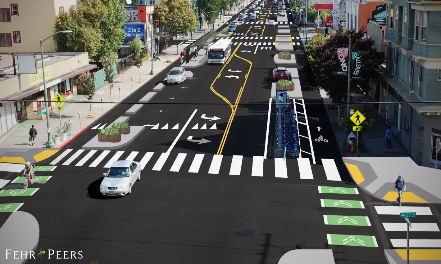 Concept illustration, aerial view of of a concrete curb protected bike lane on Telegraph Ave at 24th St in Oakland