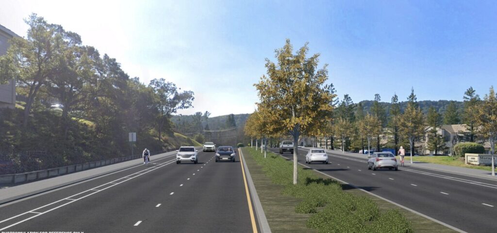 Illustration of a 4 lane roadway with painted buffered bike lanes on each side and a wide planted median with trees in the middle