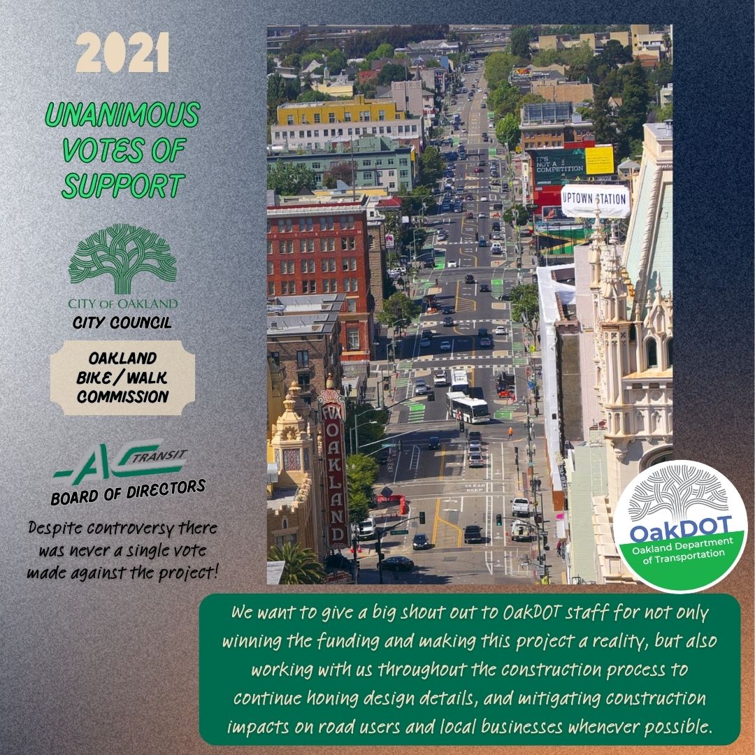 "2021 UNANIMOUS VOTES OF SUPPORT CITY OF OAKLAND CITY COUNCIL OAKLAND BIKE / WALK COMMISSION AC Transit board of directors Despite controversy there was never a single vote made against the project! We want to give a big shout out to OakDOT staff for not only winning the funding and making this project a reality, but also working with us throughout the construction process to continue honing design details, and mitigating construction impacts on road users and local businesses whenever possible."