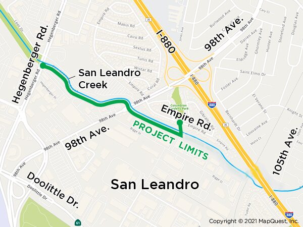 San Leandro Creek Trail map, from Hegenberger Rd to Empire Rd in Oakland