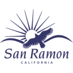 ogo of the City of San Ramon California in blue. Displays a Golden Eagle flying over the sun