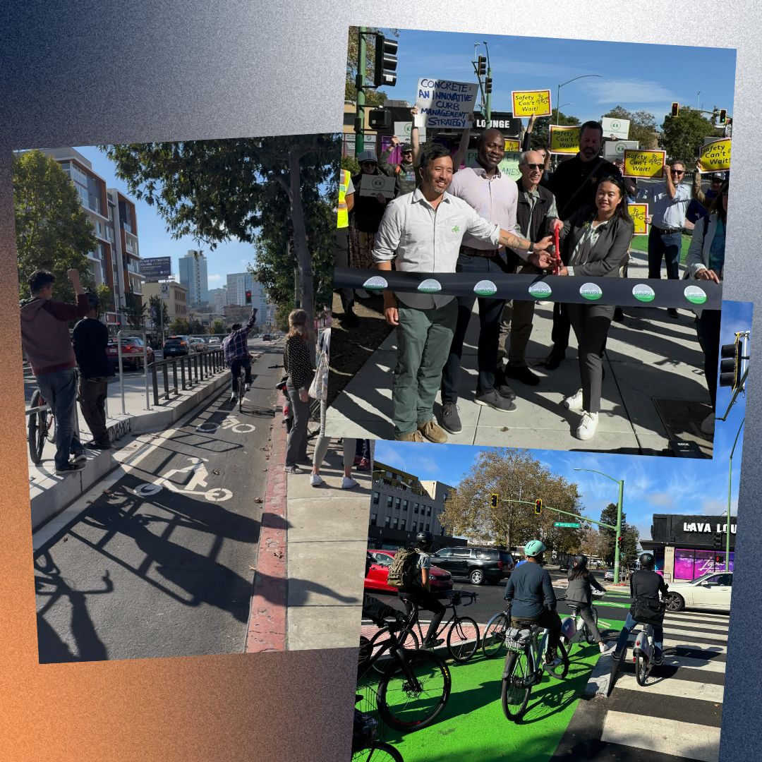 collage of photos from Oakland's Telegraph Ave bikeway grand opening event "2024 - we finally got concrete!"