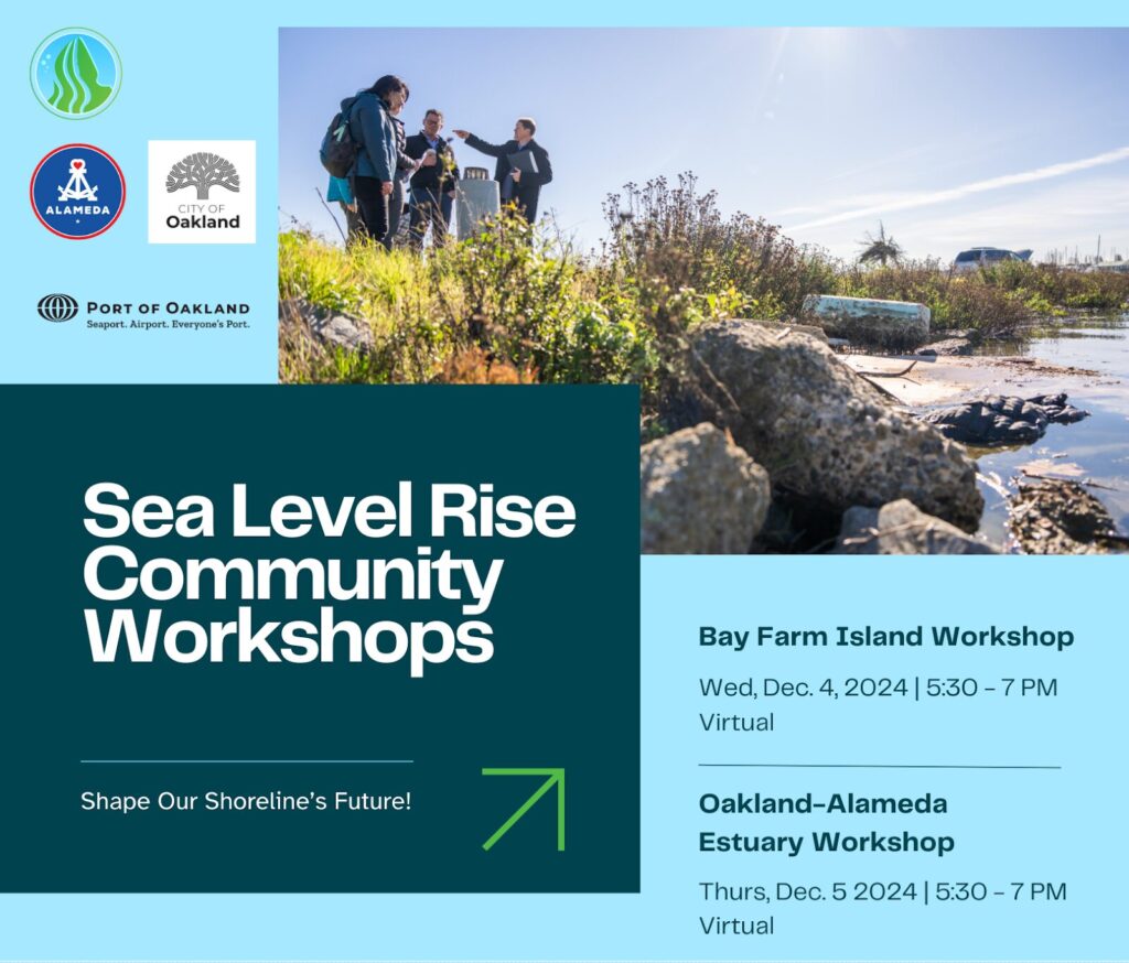 "Sea Level Rise Community Workshops Shape Our Shoreline's Future! Bay Farm Island Workshop Wed, Dec. 4, 2024 | 5:30 - 7 PM Virtual Oakland-Alameda Estuary Workshop Thurs, Dec. 5 2024 | 5:30 - 7 PM Virtual" photo of people standing along a rocky shoreline talking and pointing