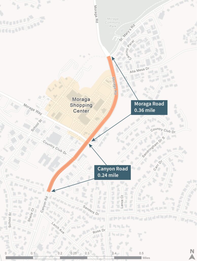 map illustration of Moraga's Canyon Rd/Moraga Rd complete streets project