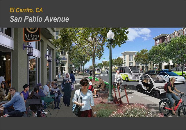 Photo montage with a view of San Pablo Ave in El Cerrito, CA displaying a cafe full of people enjoying themselves, people walking on the sidewalk, people riding bikes and electric cars on the street