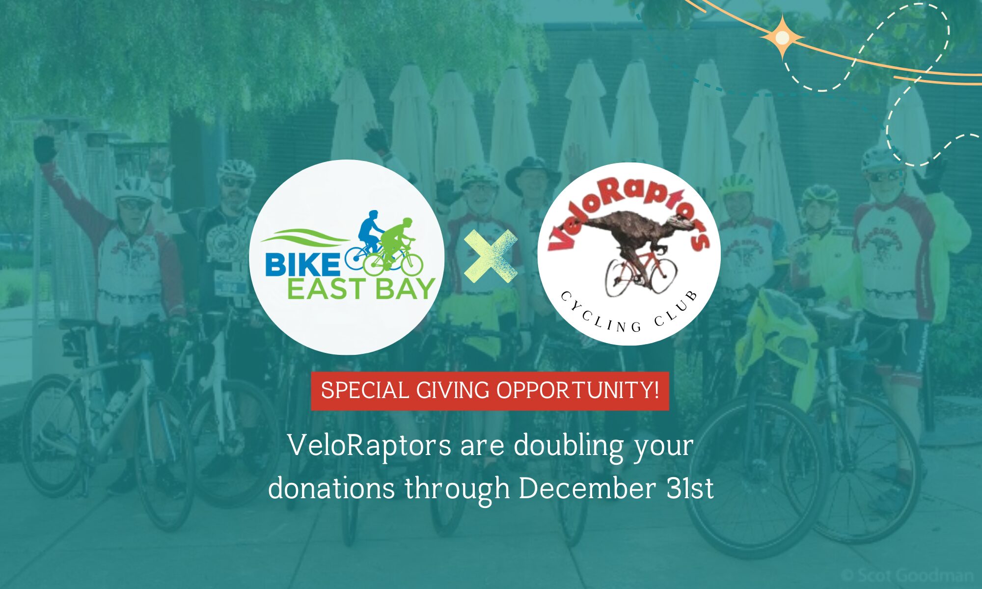 Bike East Bay and Veloraptors logos overlaid on an image of a smiling group of cyclists.