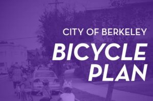 "City of Berkeley Bicycle Plan" photo of a line of adults and children biking on a street past houses