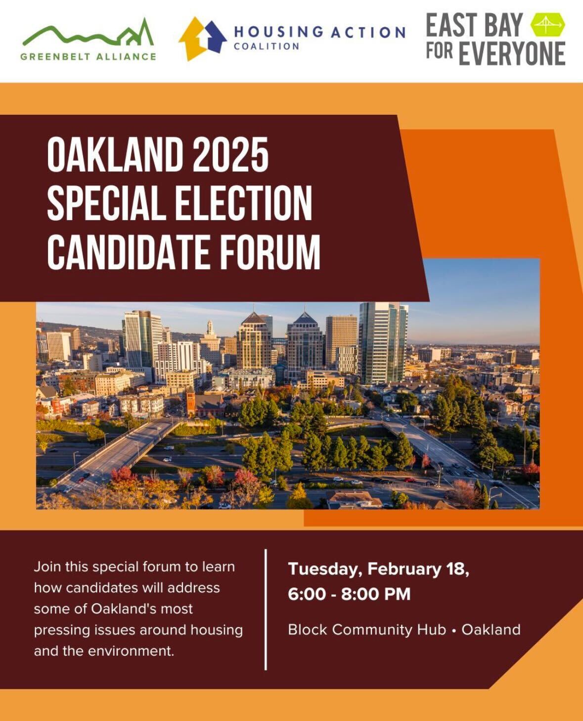 Orange flyer with a photo of the Oakland skyline, and info about the event