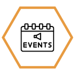 Hexagon with a calendar icon. Text says events
