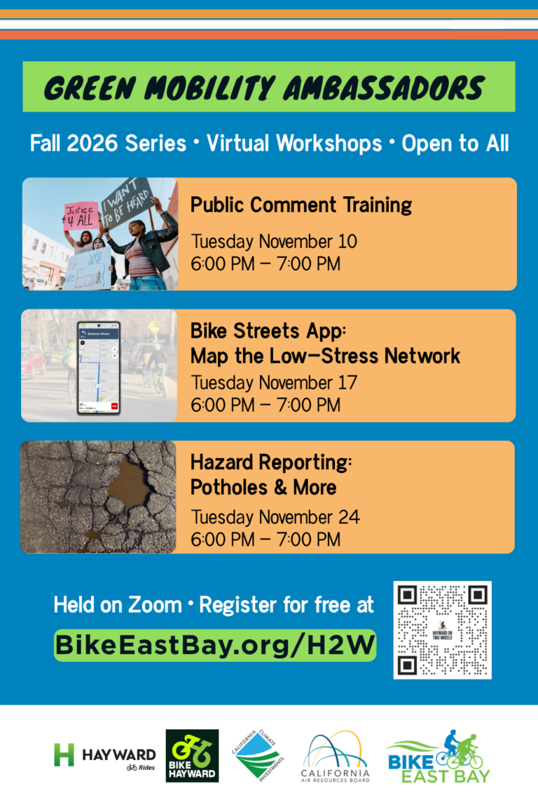 Promotional flyer for the "Green Mobility Ambassadors" Fall 2026 virtual workshop series organized by Bike East Bay and partner organizations.