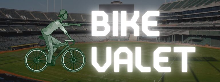 An illustrated biker points to large white glowing text reading BIKE VALET, overlaid on a photo of the Oakland Coliseum