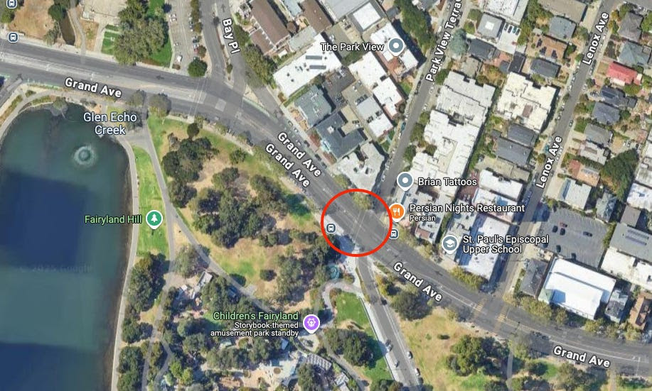 overhead satellite view map of Grand Ave and Park View Terrace in Oakland