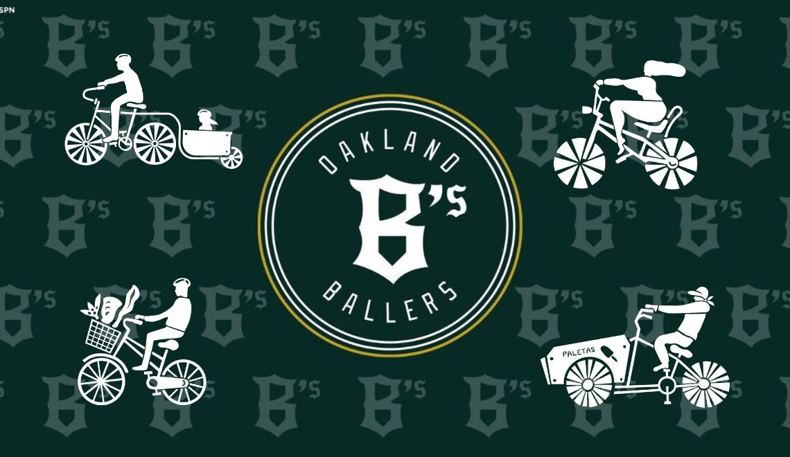 A green background featuring a repeating Oakland Ballers logo, with cool illustrations of people riding different styles of bicycles overlaid.