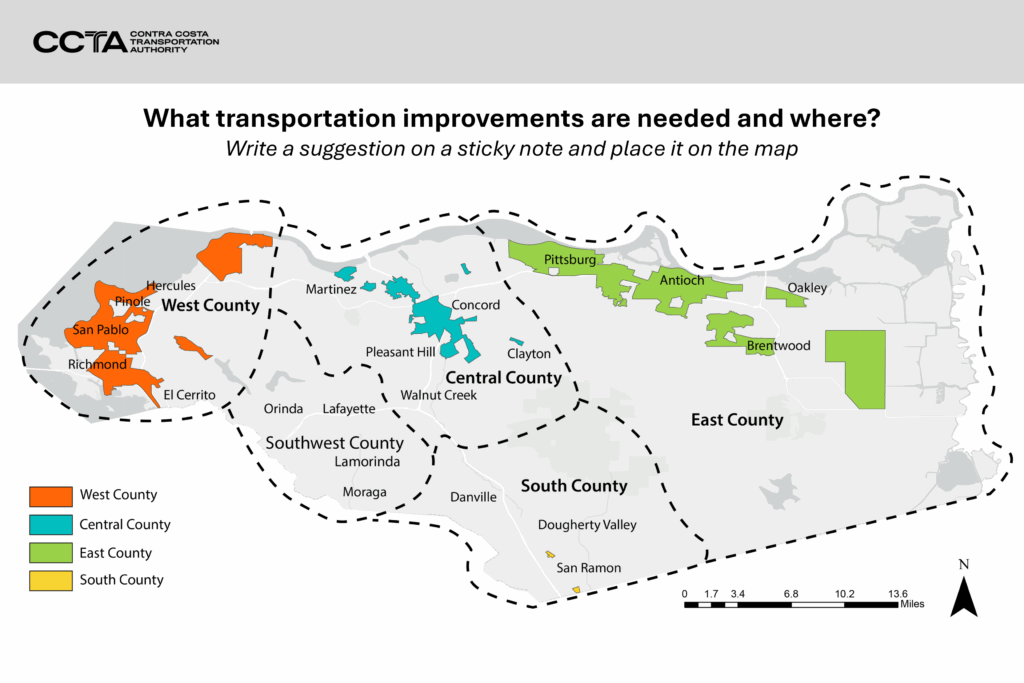 A map of Contra Costa County, California, titled "What transportation improvements are needed and where?" The county is divided into four regions by dashed lines and text labels: West County, Central County, East County, and South County. Colored shapes represent existing transportation infrastructure projects or areas of focus within the regions. West County (Orange): Includes cities like Richmond, San Pablo, Hercules, Pinole, and El Cerrito, with orange shapes concentrated around these areas. Central County (Teal): Includes cities like Martinez, Concord, Pleasant Hill, Walnut Creek, and Lafayette, with teal shapes near Concord and Pleasant Hill. East County (Green): Includes cities like Pittsburg, Antioch, Oakley, and Brentwood, with green shapes scattered through these cities. South County (Yellow): Includes cities like Orinda, Lafayette, Moraga, Danville, Dougherty Valley, and San Ramon, with small yellow shapes near San Ramon. The legend explicitly matches the colors to the regions: Orange: West County Teal: Central County Green: East County Yellow: South County The map also includes a scale bar in miles.