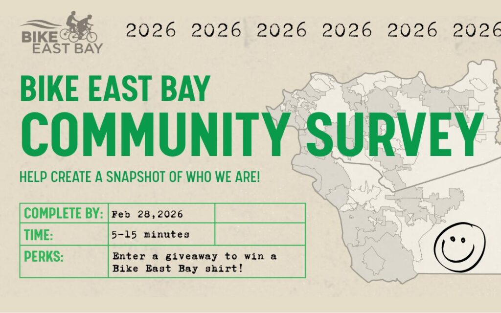 A vintage looking graphic, styled like an old library check-out card, reads "Community Survey" with a map of the East Bay.