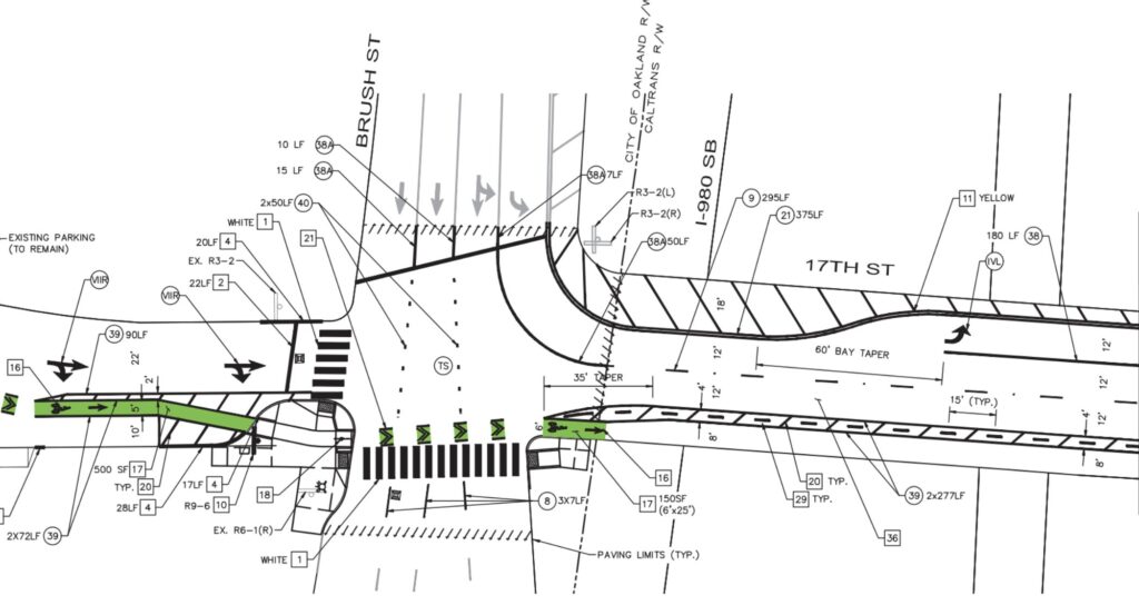 top down plan illustration of a protected bikeway project on 17th Street in Oakland at Brush St at the I-980 overpass