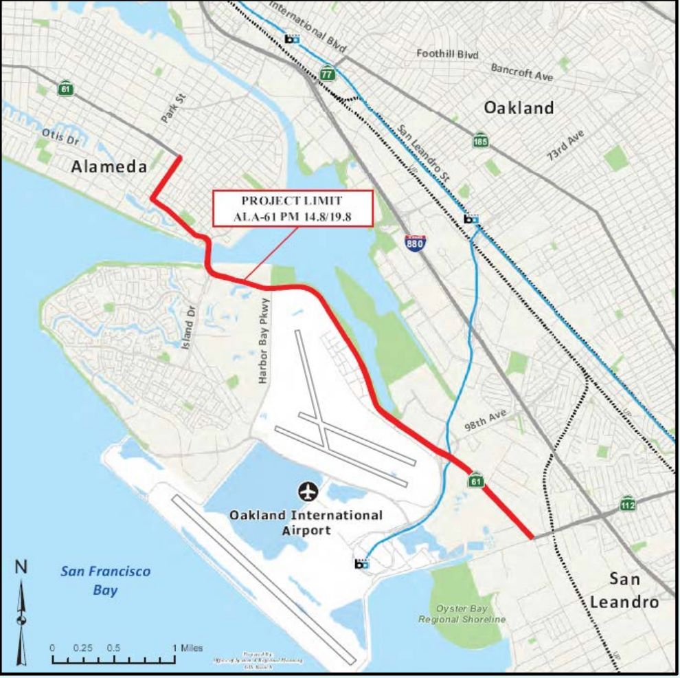 map view illustration of Doolittle Drive running from Davis St in San Leandro, through Oakland, to Island Drive in Alameda