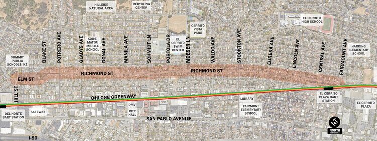 Map showing Satelite view of Richmond Street in El Cerrito between Fairmount Ave and Blake St