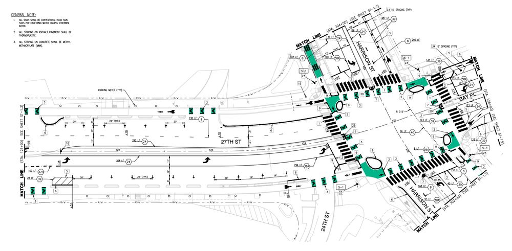 top down plan drawing of a protected intersection and parking protected bikeway on 27th Street at Broadway in Oakland