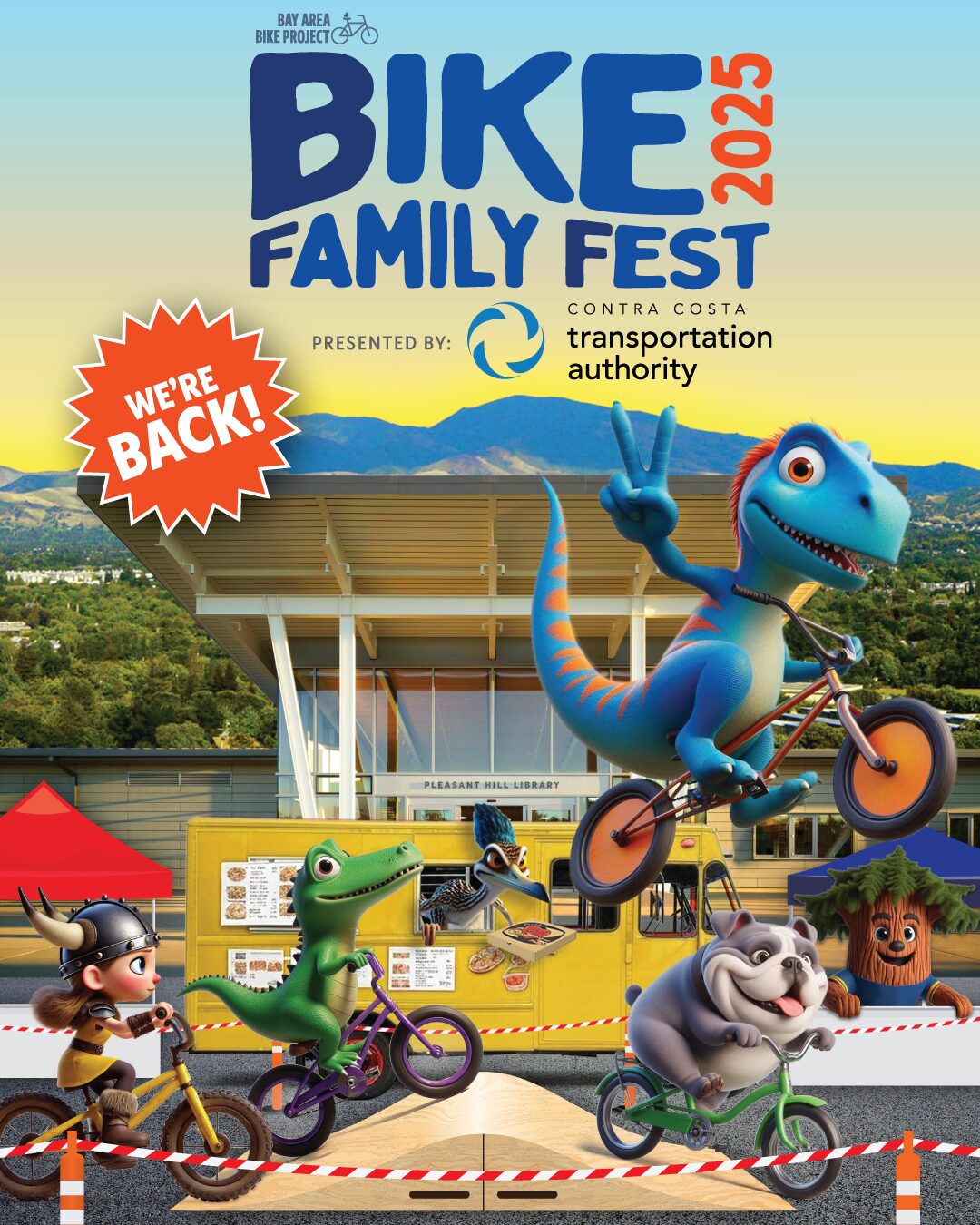 A vibrant, cartoon-style poster for the "Bike Family Fest 2025" shows several animated dinosaurs and other creatures riding bicycles. The main character is a large blue dinosaur doing a wheelie on its bike. In the background, there's a modern building labeled "Pleasant Hill Library" and a yellow food truck. The poster says the event is presented by the "Contra Costa Transportation Authority," and it also features the text "WE'RE BACK!" in a jagged speech bubble.