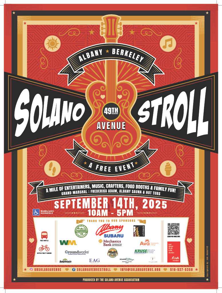 Poster for the 49th Annual Solano Stroll, a free street fair on Solano Avenue between Albany and Berkeley, California. The poster has a red background with decorative, swirling lines and stars. A large, stylized red and black acoustic guitar is the central image, with the words "SOLANO" and "STROLL" on either side of it. The text "49TH AVENUE" is written in a banner across the center of the guitar. Below the guitar, a banner states "A FREE EVENT." The poster lists details about the event, including: "A MILE OF ENTERTAINERS, MUSIC, CRAFTERS, FOOD BOOTHS & FAMILY FUN!", the date "SEPTEMBER 14TH, 2025," and the time "10AM - 5PM." The bottom of the poster includes a section that says "THANK YOU TO OUR SPONSORS" and displays the logos of various businesses and organizations, including Albany, Berkeley, Subaru, Mechanics Bank, Ava Community Energy, WM (Waste Management), Groundworks, and others. There are also icons for a wheelchair accessible entrance, a food shuttle bus, and a bicycle valet parking. Below the sponsor logos, there are social media handles, a website address, and a phone number for the Solano Avenue Association, which produced the event.