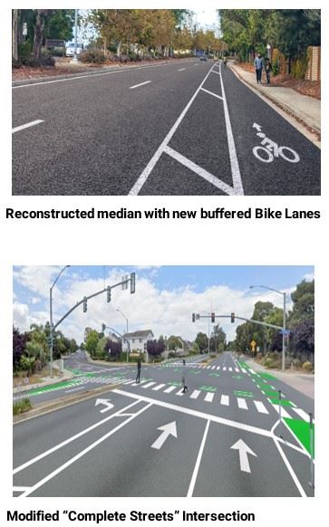 Two images. The first one reads: "Reconstructed median with new buffered Bike Lanes": shows a paved street with two main lanes for cars, and a buffered bike lane to the right. There's a sidewalk next to the bike lane where two people are walking, and trees line the road. Second image, "Modified “Complete Streets” Intersection": An aerial view of a redesigned "Complete Streets" intersection.