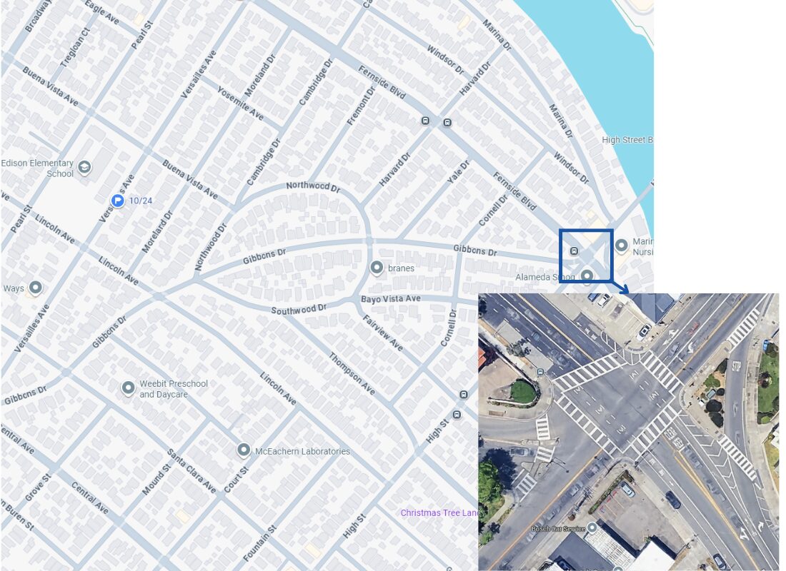 map illustration of the northeast corner of Alameda, with the High and Fernside intersection highlighted