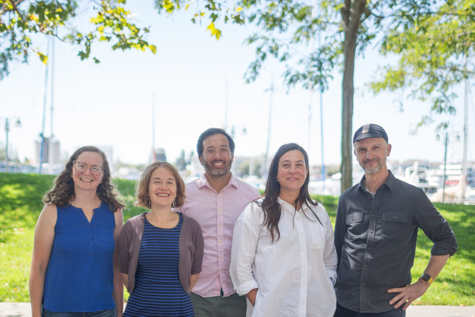 Jill, Rebecca, Justin, Caitlin and Robert stand for a group photo in front of the Jack London marina