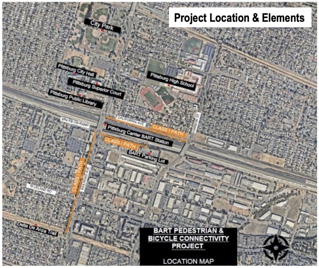 Satellite view map of the Pittsburg BART Connectivity Project around the Pittsburg Center BART station on Railroad Ave