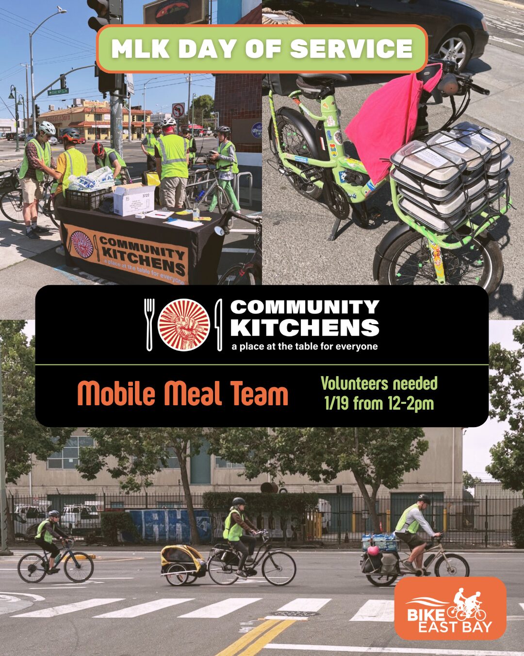 Photo collage of people delivering meals by bike as part of the Mobile Meal Team with Community Kitchens Oakland