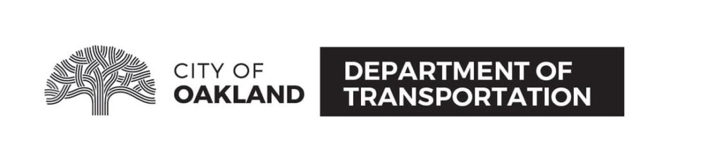 Black and white logo for the City of Oakland Department of Transportation. On the left is the stylized line-art of an oak tree, followed by the text "CITY OF OAKLAND". To the right, in a black rectangle, is the white text "DEPARTMENT OF TRANSPORTATION".