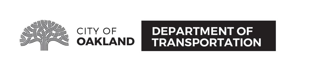 Black and white logo for the City of Oakland Department of Transportation. On the left is the stylized line-art of an oak tree, followed by the text "CITY OF OAKLAND". To the right, in a black rectangle, is the white text "DEPARTMENT OF TRANSPORTATION".