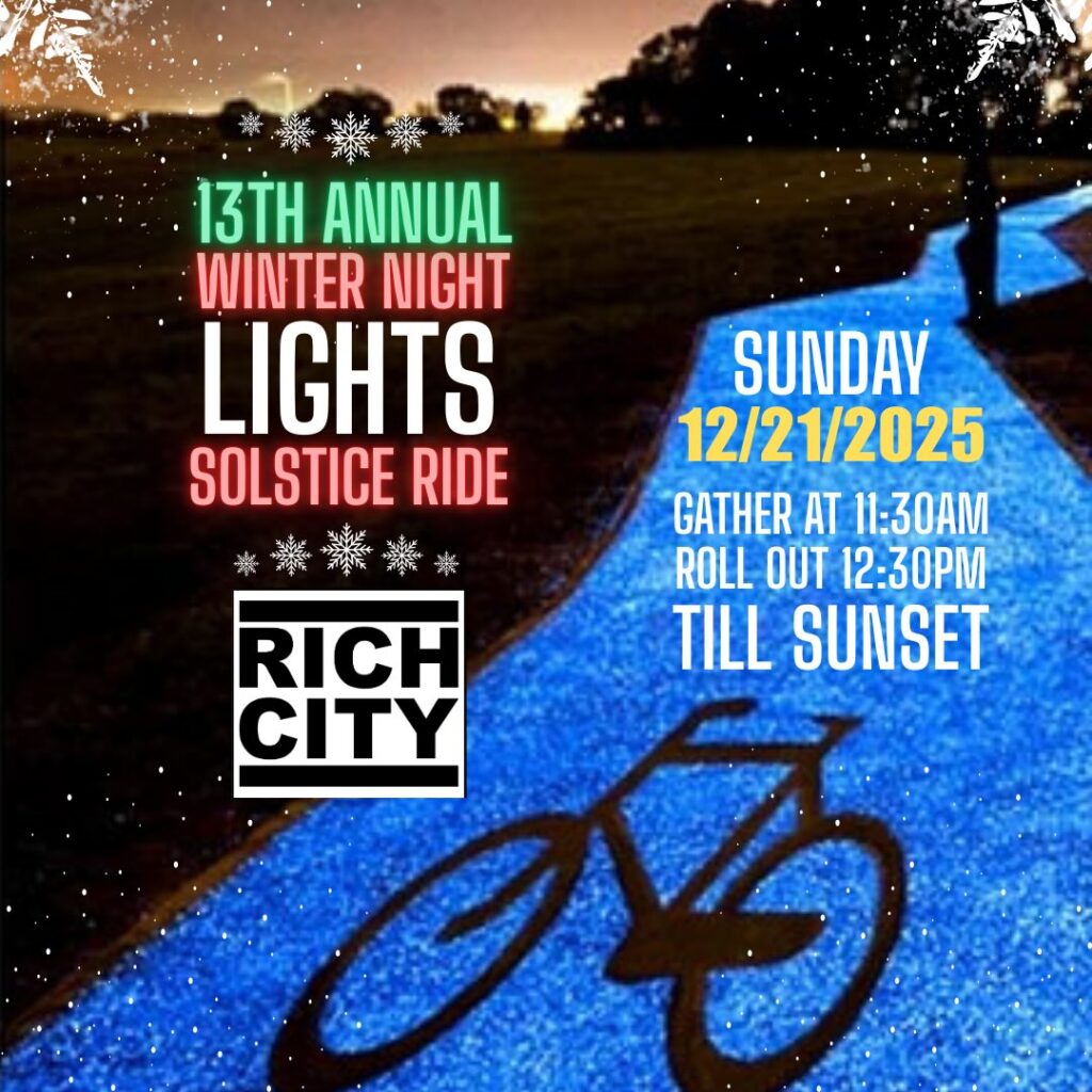 A digital event flyer for the "13th Annual Winter Night Lights Solstice Ride" hosted by Rich City. The background displays a glowing blue path at night with a bicycle silhouette and falling snow. The event details are: Sunday, 12/21/2025; Gather at 11:30 AM; Roll out 12:30 PM; Till Sunset.