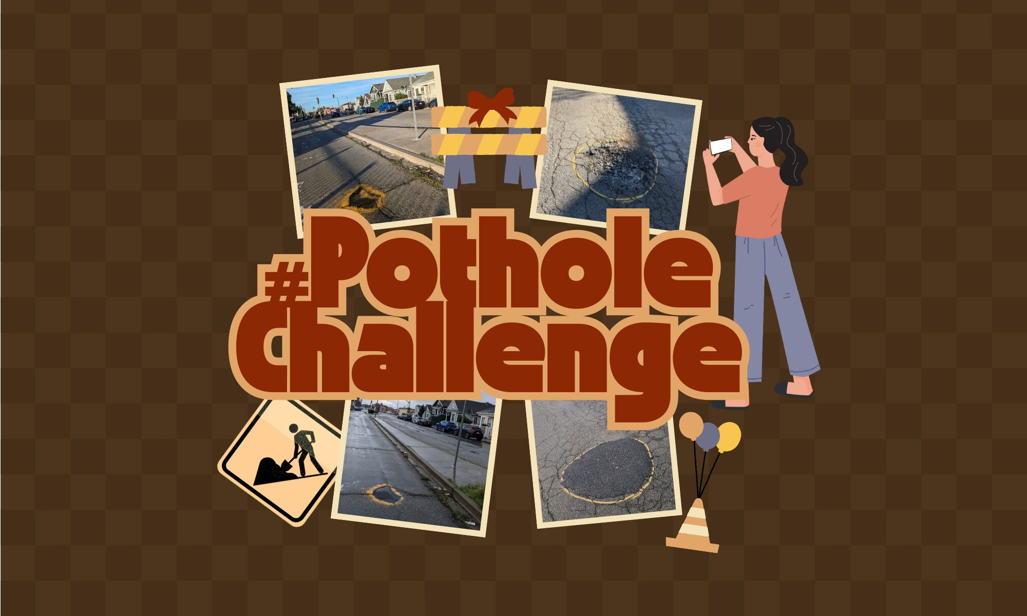 A collage of photos promoting the #PotholeChallenge with images of identified and filled potholes.
