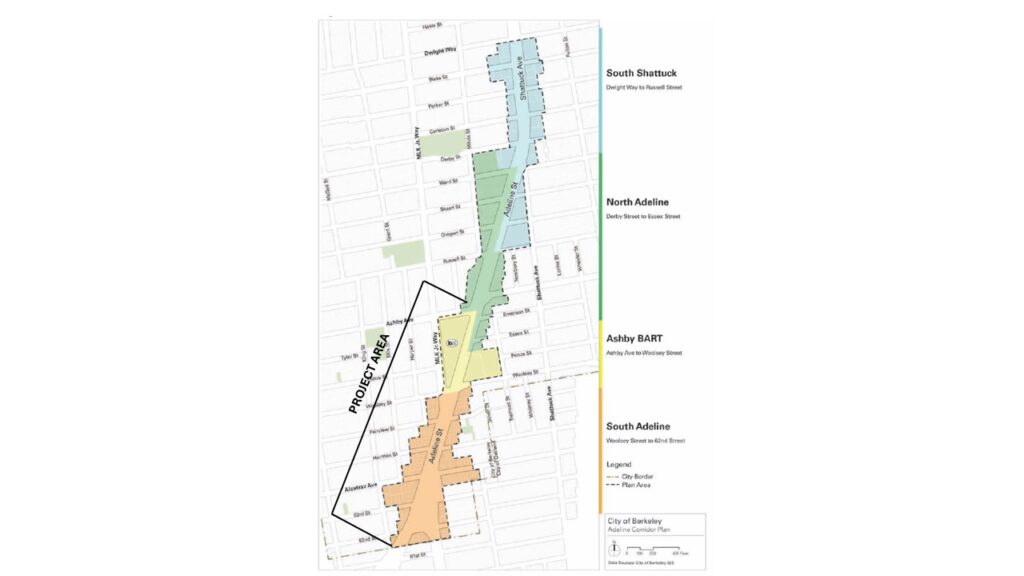 A map titled "Adeline Quick Build Project Area Map" showing a corridor plan in the City of Berkeley. The map highlights four distinct sections of the Adeline Street and Shattuck Avenue corridor, color-coded and labeled from north to south: South Shattuck (Blue): Spans from Dwight Way to Russell Street. North Adeline (Green): Spans from Derby Street to Essex Street. Ashby BART (Yellow): Spans from Ashby Avenue to Woolsey Street, centering on the Ashby BART station area. South Adeline (Orange): Spans from Woolsey Street to 62nd Street at the city border. A bold black outline labeled "PROJECT AREA" specifically encompasses the southern three sections—North Adeline, Ashby BART, and South Adeline—stretching from approximately Derby Street down to the Berkeley-Oakland border at 62nd Street. The map includes street names, city border indicators, and a legend for the City of Berkeley Adeline Corridor Plan.
