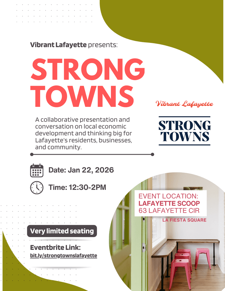 An event flyer titled "Strong Towns" presented by Vibrant Lafayette. The flyer features a modern design with large, bold coral-colored text for the title against a white background with olive green abstract shapes and gray dot patterns. To the right, the logos for "Vibrant Lafayette" and "Strong Towns" are displayed. Below the title, the text describes the event as "A collaborative presentation and conversation on local economic development and thinking big for Lafayette's residents, businesses, and community." The event details are listed as: Date: Jan 22, 2026 Time: 12:30–2 PM Location: Lafayette Scoop, 63 Lafayette Cir, La Fiesta Square. Registration: A "Very limited seating" badge is shown above an Eventbrite link: bit.ly/strongtownslafayette. A circular inset photo in the bottom right shows the interior of "Lafayette Scoop," featuring a wooden counter and pink metal stools.