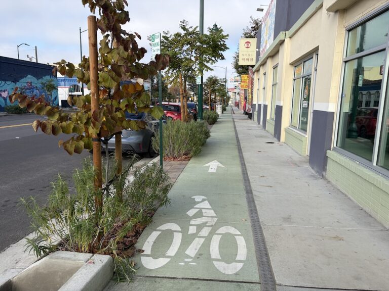 photo of the raised sidewalk level protected bikeway on Mission Blvd in Hayward