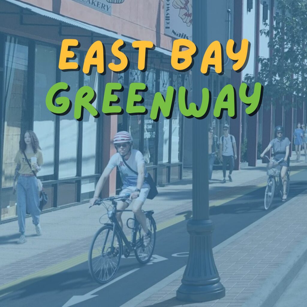 concept illustration of a raised sidewalk level protected bikeway with individuals bicycling and walking alongside a parallel sidewalk "East Bay Greenway"