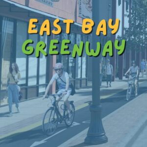 concept illustration of a raised sidewalk level protected bikeway with individuals bicycling and walking alongside a parallel sidewalk "East Bay Greenway"